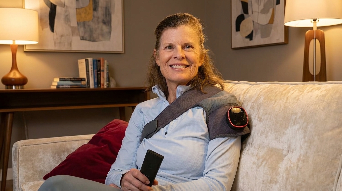 Woman using SolvraCare shoulder massager at home